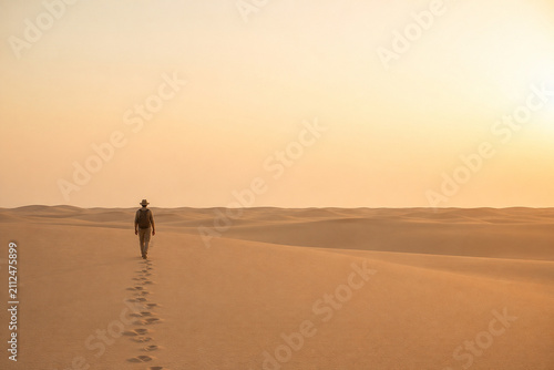 Solitary Journey Through Desert Dunes: A lone traveler walks across vast sand dunes, leaving footprints behind as the sun casts a warm, golden hue over the arid landscape.