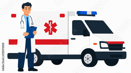 Professional male doctor in white coat with stethoscope holding clipboard standing confidently beside emergency ambulance vehicle with red medical cross symbol