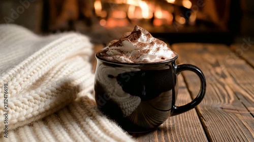 Cozy Hot Chocolate with Whipped Cream by Warm Fireplace and Knitted Blanket, Winter Comfort Drink