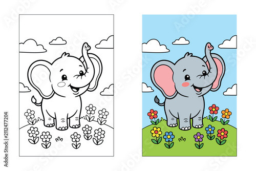 Cute Baby Elephant Coloring Page with Colored Example for Kids Vector