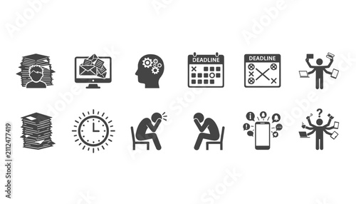 Office worker stress and heavy workload icon set representing professional burnout, strict deadlines, and multitasking.