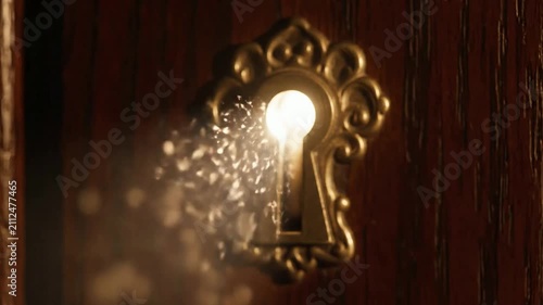 Antique Keyhole with Glowing Light Emanating, Symbolizing Opportunity, Secrets, and Discovery in a Wooden Doorway
