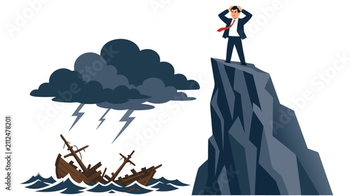 Frustrated businessman stranded atop jagged cliff amid stormy weather and shipwreck disaster below, facing adversity and crisis