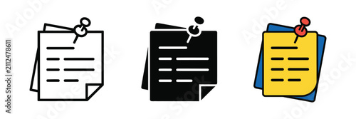 Sticky notes icons illustrating pinned notice, memo, task reminder, checklist, to-do list, office paper, and planning symbols in outline, solid, and flat vector styles for productivity tools, digital 