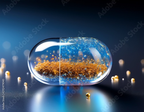 a macro shot of a single transparent capsule filled with glowing particles and liquid resting on a sleek metallic surface