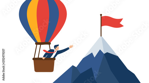 Ambitious businessman in hot air balloon reaching toward red flag on mountain peak, bold flat design illustration symbolizing success and achievement goals