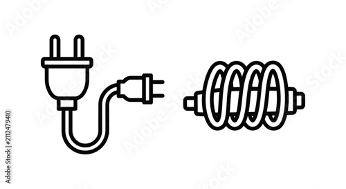 Electric plug connector and metal coil heating element icon set with connector electric component electronics hardware industrial electricity technology monochrome isolated
