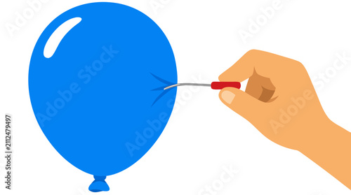 Resilient blue balloon bends needle instead of popping, bold flat illustration of strength and durability against pressure and adversity