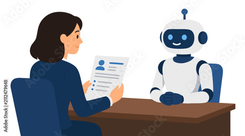 Professional businesswoman interviewing friendly AI robot applicant at desk with resume, future of recruitment and human-machine collaboration in modern workplace