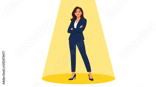 A confident businesswoman standing in a bright circular spotlight on a clean solid white background, wearing a blue suit and heels, arms crossed, looking professional and successful, vector