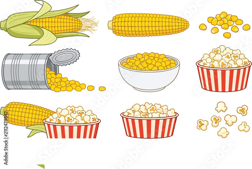 Corn and popcorn vector set featuring fresh sweetcorn cob peeled ear loose kernels canned maize boiled bowl and striped popcorn buckets