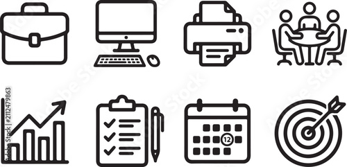 Eight business and productivity flat icons set