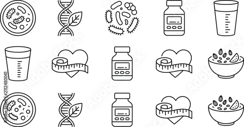 Konstfotografi Gut Health and Nutrition Line Icons Set with Probiotics Wellness and Supplements