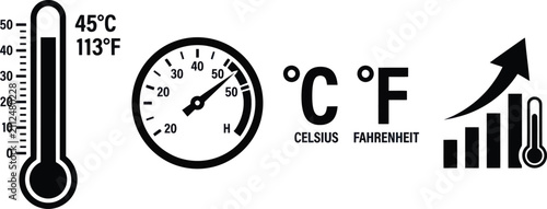 Fotografie Temperature thermometer and weather gauge icons showing heat levels in celsius a