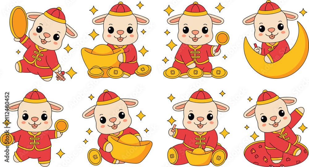 Obraz premium Cute Chinese New Year goat vector character set with gold ingots coins isolated on white background
