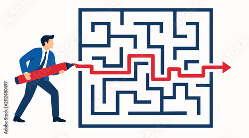 Businessman with red pen drawing bold solution line through complex maze puzzle, innovative problem-solving and creative business strategy concept illustration