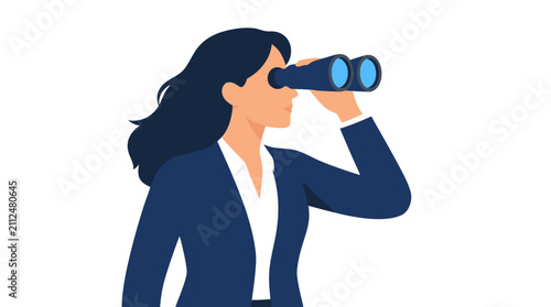 Professional businesswoman peering through binoculars scanning horizon for new market opportunities and strategic vision in modern flat design style
