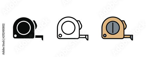 Tape measure icons featuring construction measuring tools, DIY equipment, builder ruler, engineering measurement, renovation supplies, and precision scale symbols in black, white, and yellow vector st