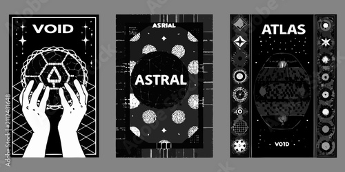 Foto retrofuturistic wireframe poster set black and white void astral atlas space cos