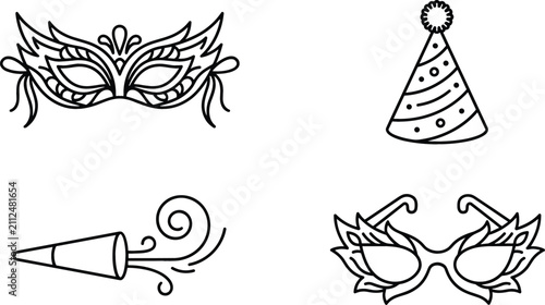 Cuadro en lienzo Masquerade Carnival and Birthday Party Line Icon Set Featuring Ornate Venetian M