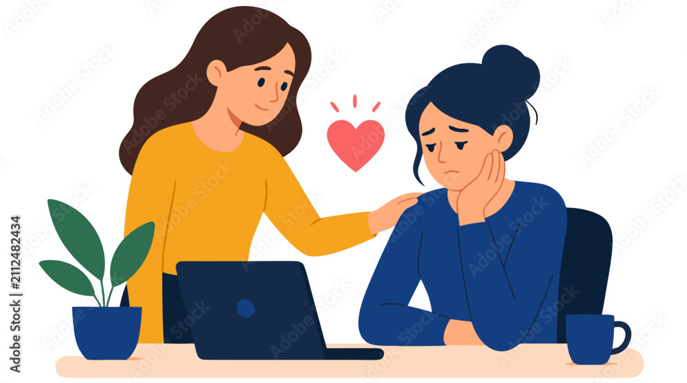 Fototapeta premium Compassionate coworker offering emotional support to distressed colleague at desk with heart symbol, workplace empathy and mental wellness illustration
