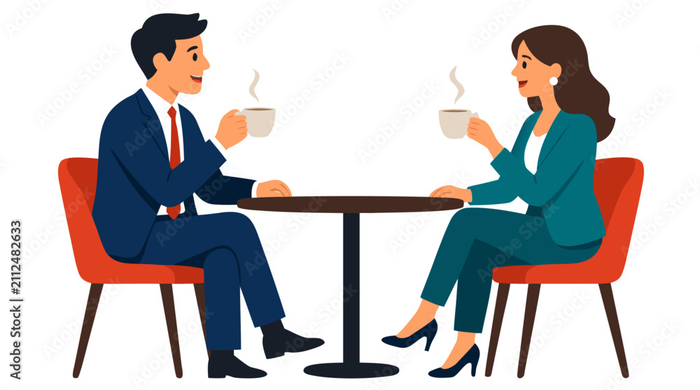 Obraz premium Professional business meeting over coffee: male executive in navy suit and female colleague in teal blazer conversing at modern cafe table with steaming beverages