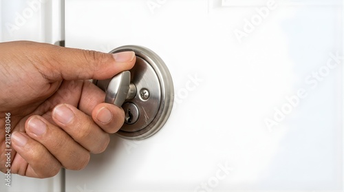 Hand locking a deadbolt on a white door to secure the home interior