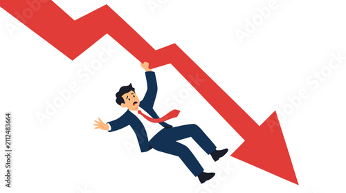 A businessman in a blue suit falls while holding a large red downward arrow representing financial failure, market crash, business setbacks, and economic decline in a flat vector style.