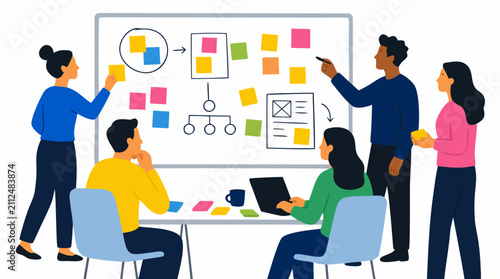 A diverse team of business professionals collaborating in a modern workshop room, brainstorming creative ideas on a whiteboard covered with colorful sticky notes and diagrams while using a laptop.