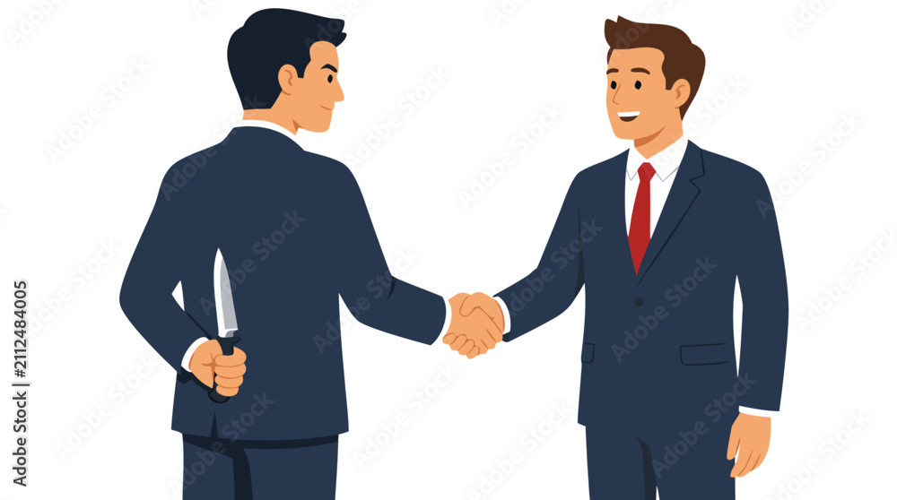Fototapeta premium Treacherous business handshake: unaware colleague shakes hands with deceitful businessman concealing knife behind back, betrayal and corporate deception concept