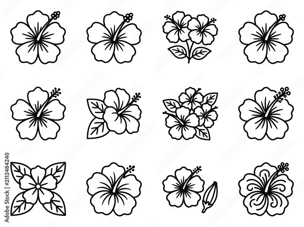 Fototapeta premium Hibiscus Flower Line Art Collection - Tropical Floral Vector Icons