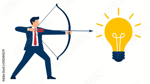 Ambitious businessman aiming arrow at glowing lightbulb target, bold flat design illustration of business innovation, goal achievement, and strategic vision concept