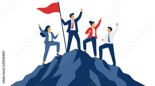 A vector illustration of a diverse business team celebrating success at the summit of a mountain peak holding a red flag, representing corporate achievement, leadership, teamwork, and victory.