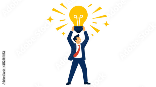 Vector illustration of a professional businessman in a suit holding a large glowing yellow light bulb above his head, symbolizing a brilliant creative idea, innovation, success, and business strategy.