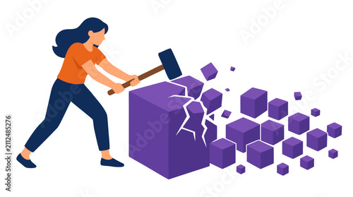 A woman in an orange shirt uses a sledgehammer to smash a large purple cube into smaller pieces, symbolizing breaking down complex tasks into manageable steps for project management and problem