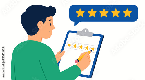 A happy male customer holding a clipboard and filling out a five-star rating form with a pencil while a speech bubble shows five yellow stars indicating excellent service and satisfaction feedback.