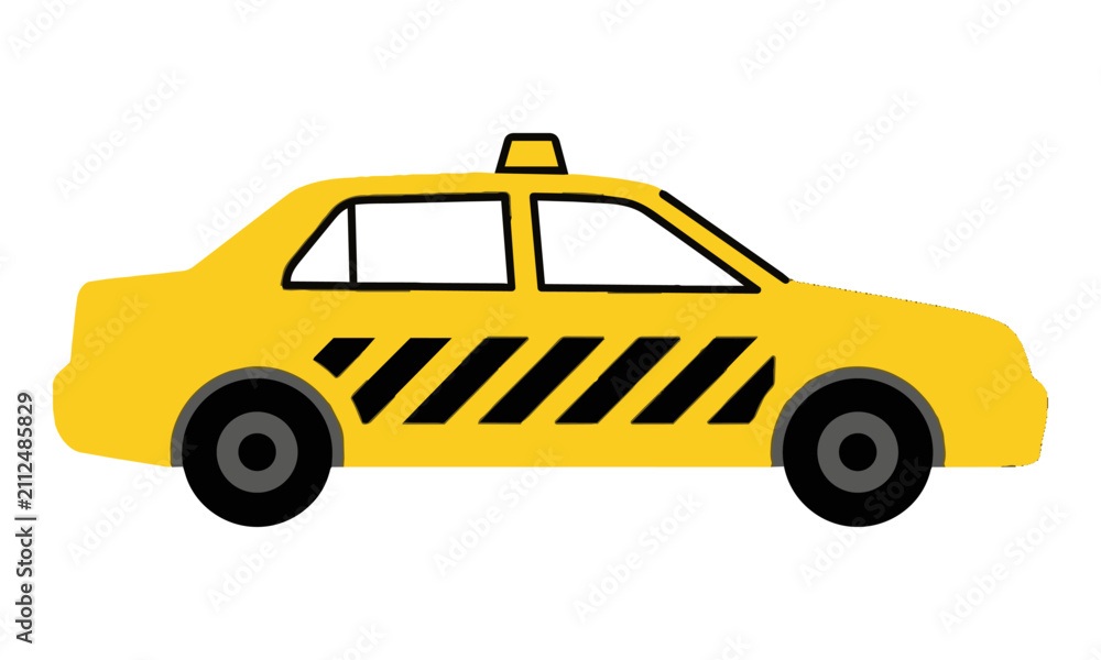 Obraz premium Side profile of a yellow taxi cab icon with black door stripes and circular wheels isolated on a white background, minimal transportation concept