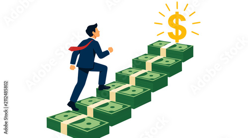 Determined businessman in suit climbing staircase of stacked green dollar bills toward glowing golden dollar sign symbol representing financial success and wealth growth
