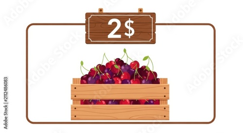 Wooden crate filled with fresh ripe cherries
