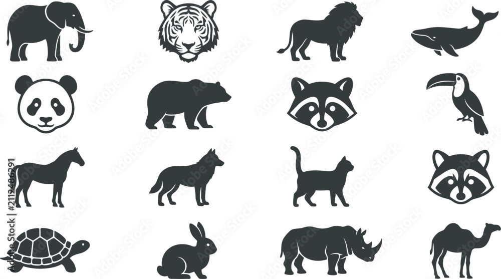 Fototapeta premium Wild and Domestic Animal Vector Icon Set Featuring Silhouette and Line Art Elements for Kids Education, Nature Logos, and Wildlife Conservation Designs