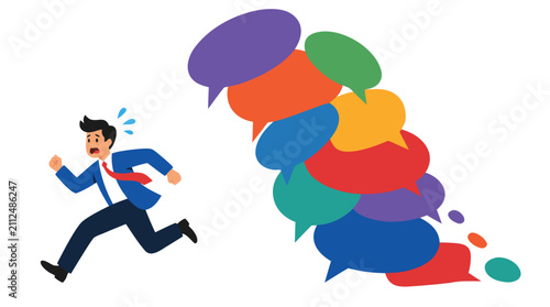 Stressed businessman fleeing towering stack of colorful speech bubbles representing overwhelming communication, noise, and workplace stress in modern business environment