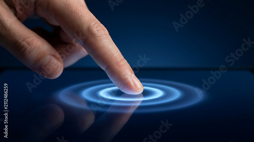 Finger touching glowing digital screen. Human hand interacting with futuristic interface.