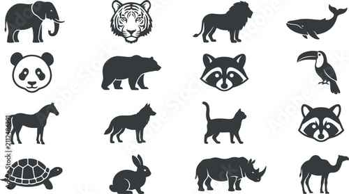 Photography Wild and Domestic Animal Vector Icon Set Featuring Silhouette and Line Art Eleme
