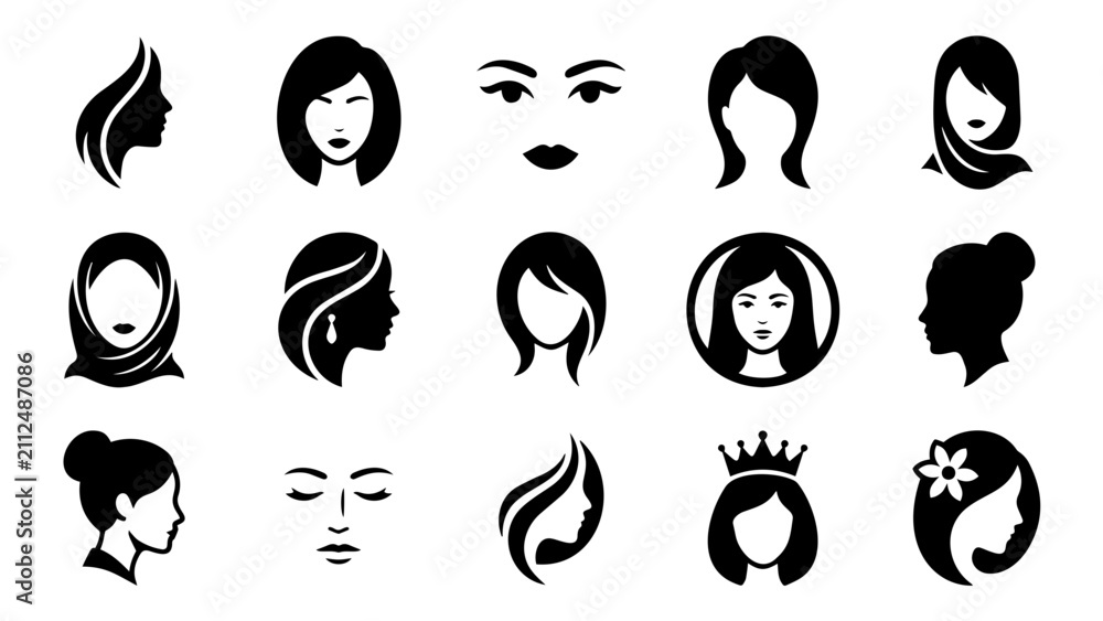 Obraz premium Collection of Diverse Woman Face Silhouette Icons with Various Hairstyles and Accessories