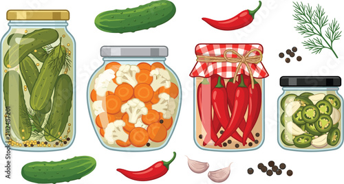 Assorted pickled vegetables in glass jars with gherkins, carrots, cauliflower, chili peppers, and jalapenos for homemade food preservation vector designs