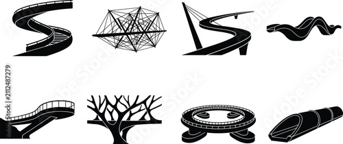 Foto Modern Architecture Icons Set with Curved Walkways, Geometric Domes and Abstract