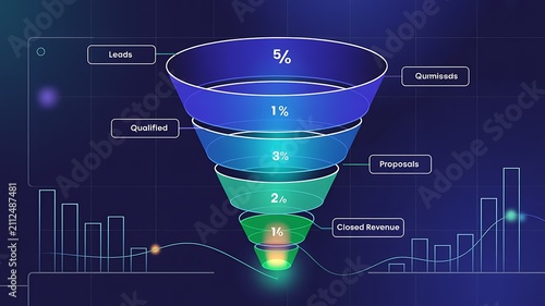 Professional four-step marketing sales conversion funnel diagram infographic template detailing the customer acquisition journey and business strategy pipeline process, illustrating decision stages an