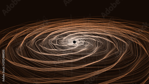 Abstract black hole vector illustration, cosmic gravitational wave background, copper spiral galaxy vortex with swirling light lines