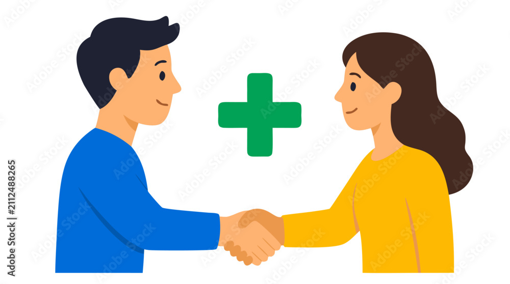 Fototapeta premium Flat vector illustration of a man and woman shaking hands with a green plus sign symbol between them, representing partnership, addition, synergy, collaboration, and positive business growth concept