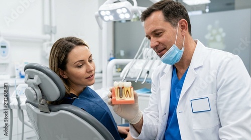 Professional male dentist in white coat and mask explaining dental implant procedure to female patient using anatomical model in modern clinic office, healthcare consultation and oral surgery